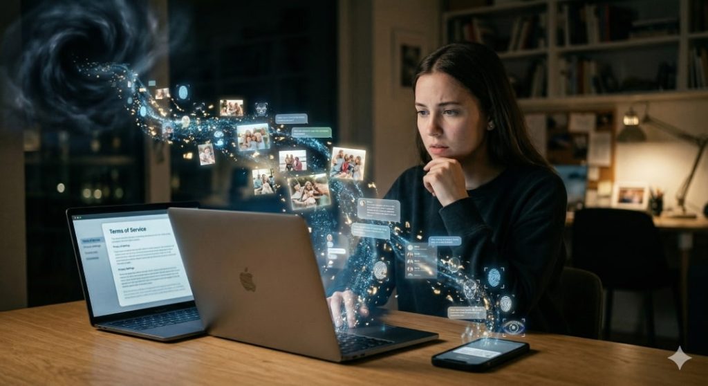 A young woman sitting at a desk looks concerned as digital data—including family photos, chat bubbles, and fingerprint icons—swirls from her laptop into a dark, shadowy vortex or black hole. To her left, another laptop shows a 'Terms of Service' document.