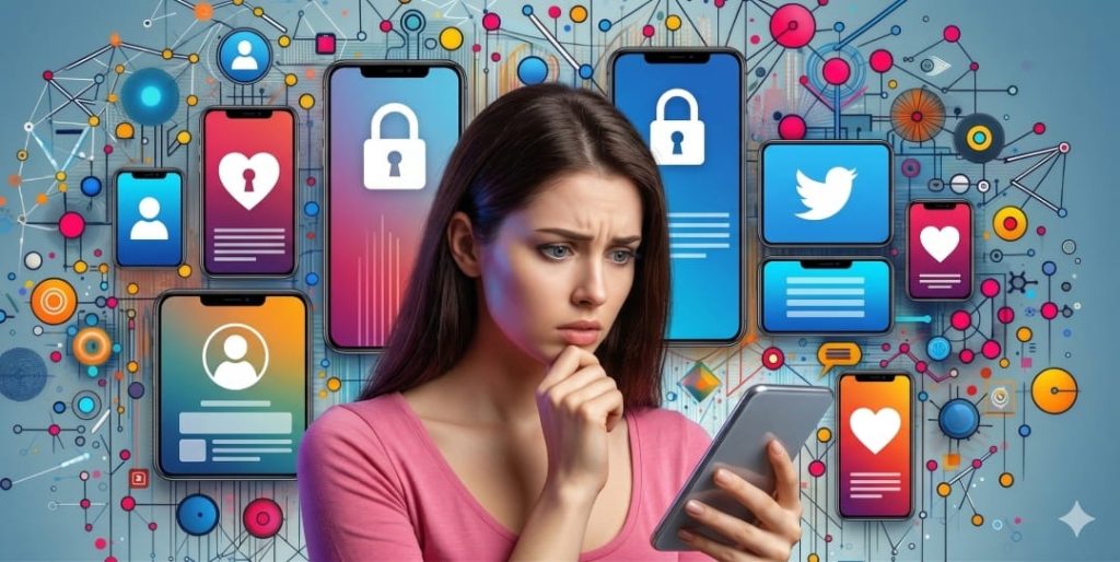 A young woman in a pink shirt is looking worried and puzzled at her smartphone. Behind her is a chaotic, colorful network of floating screens and digital nodes. The floating screens show various app interfaces, including one with a padlock and others with hearts, illustrating digital privacy concerns and social media complexities.