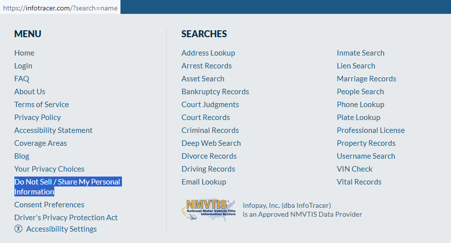 How to opt out of SearchUSAPeople - Visit InfoTracer’s privacy page - Step2