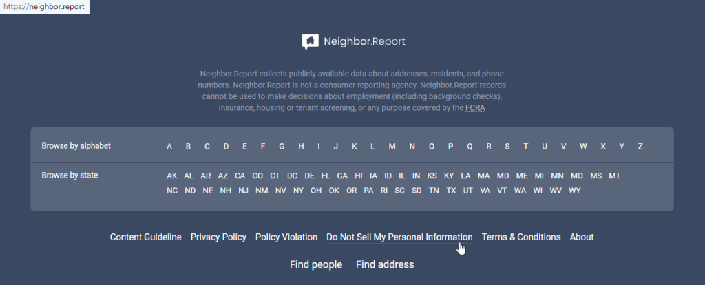 How to opt out of Neighbor.Report - Open the privacy page