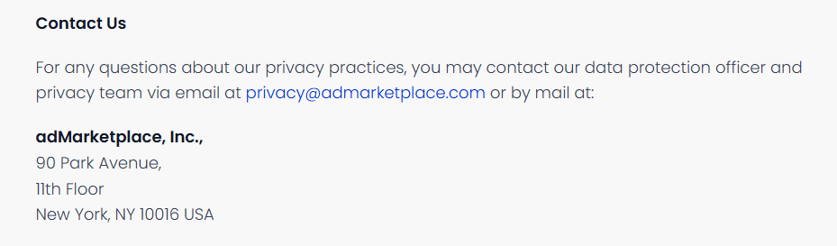 How to opt out of AdMarketplace — Locate the Contact Us section and email to support