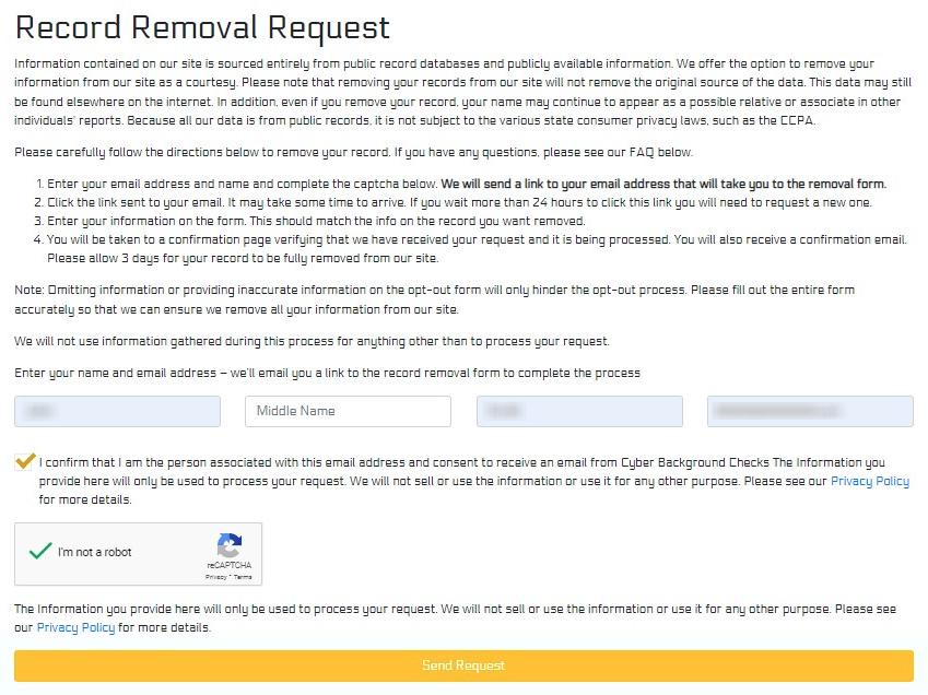 How to opt out of CyberBackgroundChecks — Open the privacy page
