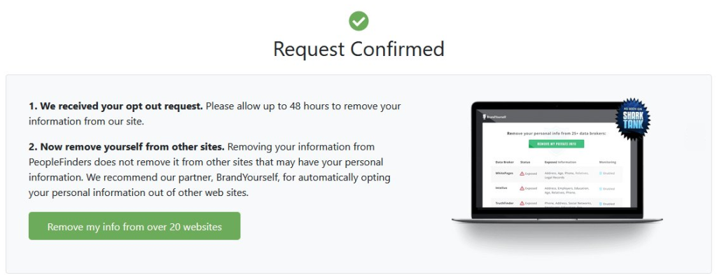 How to opt out of FindPeopleSearch — Confirm deletion — Step 2