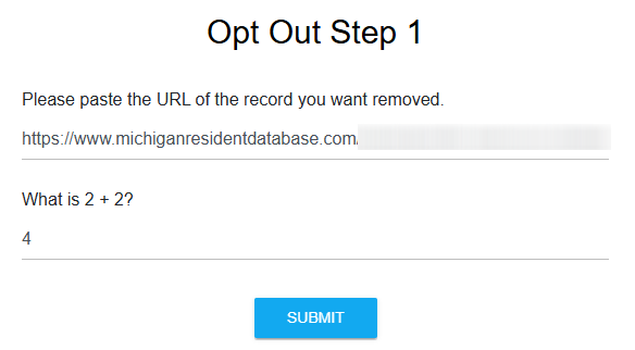 How to opt out of Michigan Residents Database — Submit your identifiers — Step 2