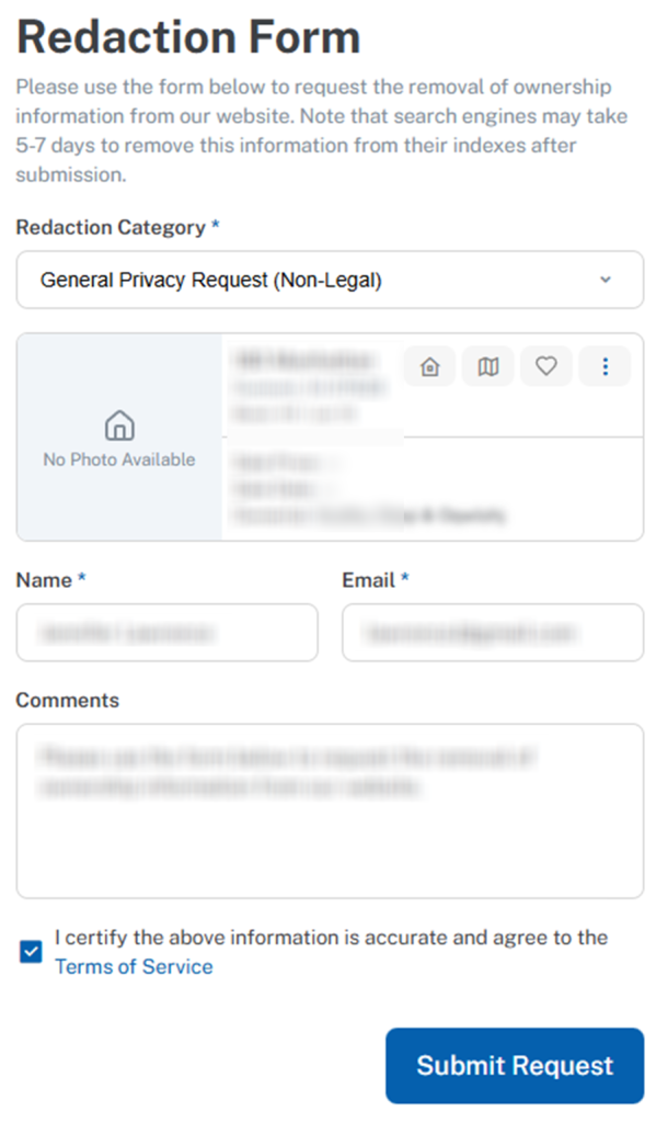 How to opt out of NJPropertyRecords — Enter identifiers in the redaction form — Step 2