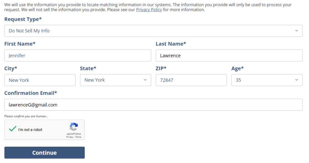 How to opt out of Public Information Services — Submit your identifiers (email/phone + CAPTCHA) — Step 1