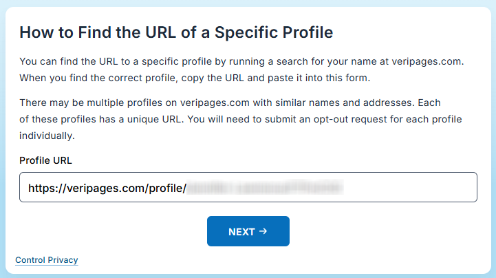 How to opt out of Veripages — Submit your identifiers and paste the URL — Step 1