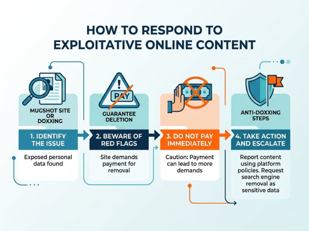 Infographic showing steps to respond to exploitative online content, including identifying issues, avoiding payment scams, and reporting sensitive data