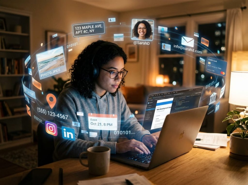 Person using laptop surrounded by floating personal data elements, representing online data tracking and digital footprint