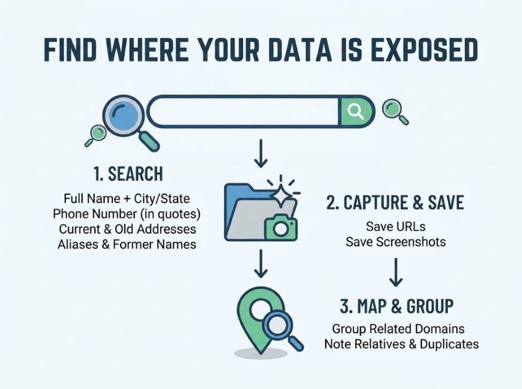 Infographic showing steps to find where your personal data is exposed online including search, capture, and mapping data sources