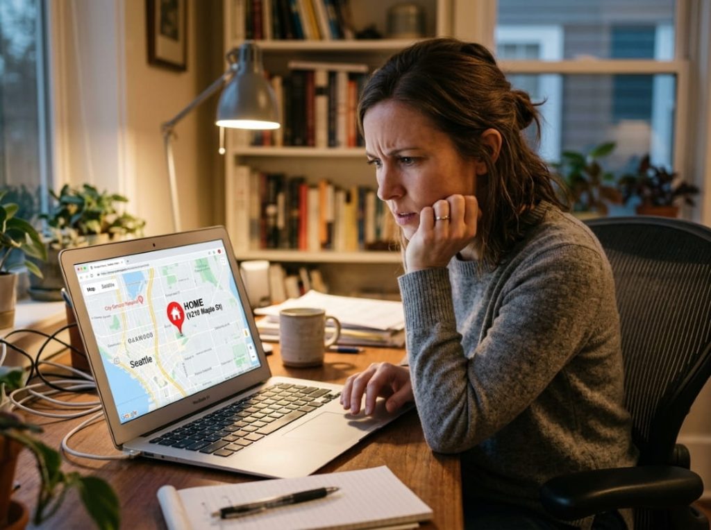 Woman looking at laptop displaying home address on map, illustrating personal information exposure online