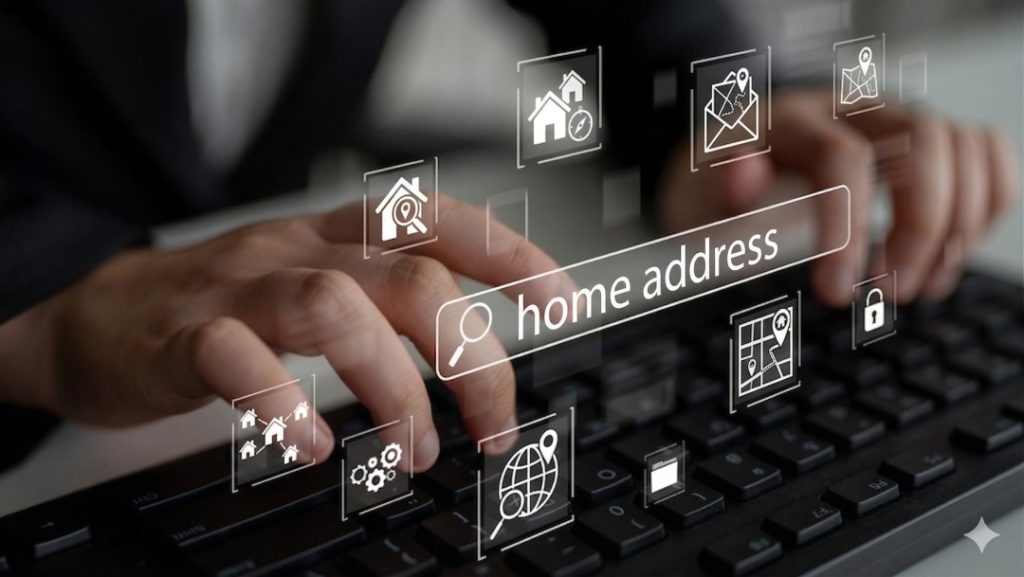 Person typing on keyboard with digital icons showing home address search and online location tracking data