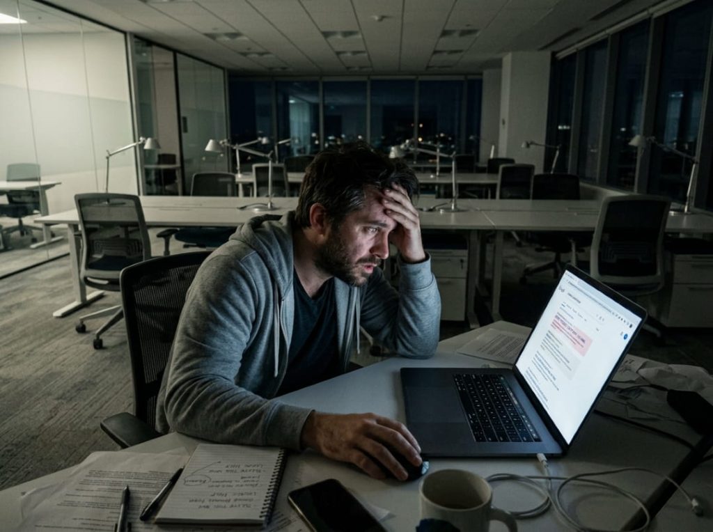 Man working late at night in an office, looking stressed while reviewing data on a laptop