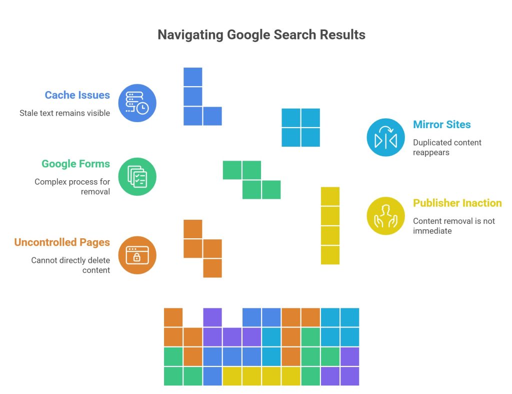 Infographic explaining challenges of removing content from Google search results, including cache issues, mirror sites, and publisher delays