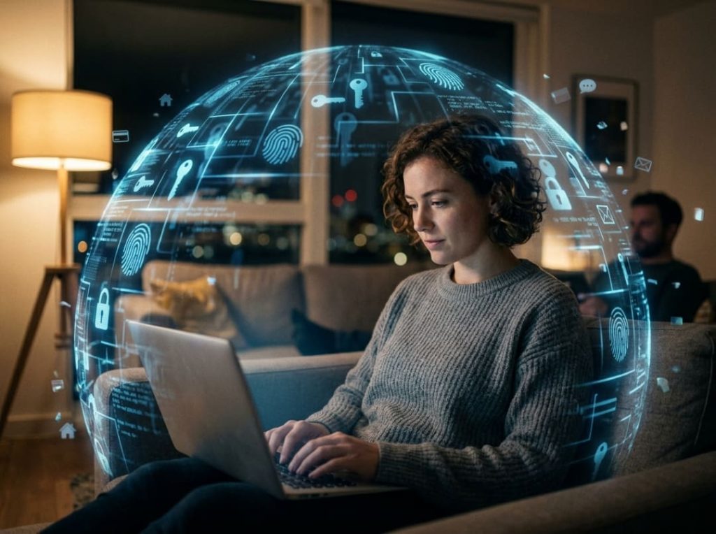 Woman using laptop surrounded by digital privacy shield illustrating cybersecurity protection and personal data security at home
