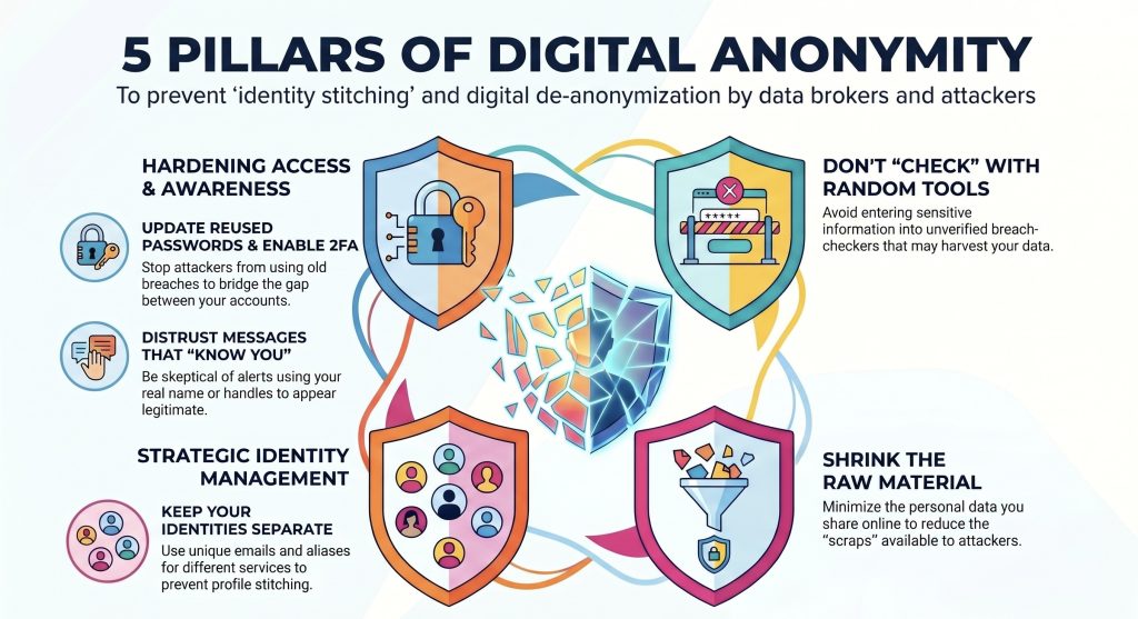 Infographic titled “5 Pillars of Digital Anonymity” showing shields, locks, identity icons and data fragments, explaining ways to prevent identity stitching and digital de-anonymization by data brokers and attackers.