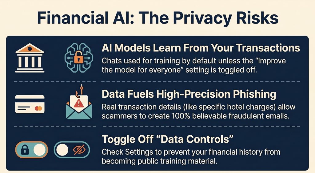 Infographic titled “Financial AI: The Privacy Risks” explaining that AI models may learn from financial transaction chats, detailed data can fuel realistic phishing emails, and users should turn off data controls to reduce privacy risks.