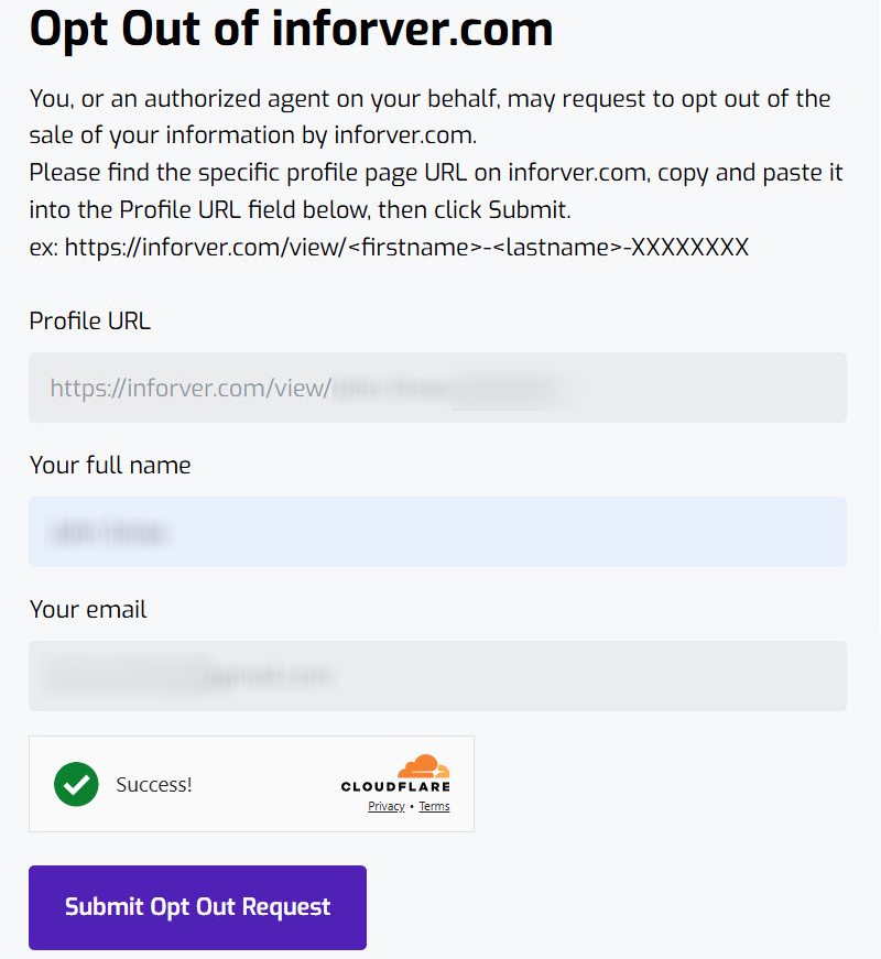 How to opt out of Inforver — Submit your identifiers — Step 2