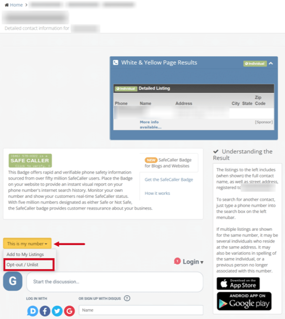 How to opt out of OkCaller — Select Opt-out/Unlist