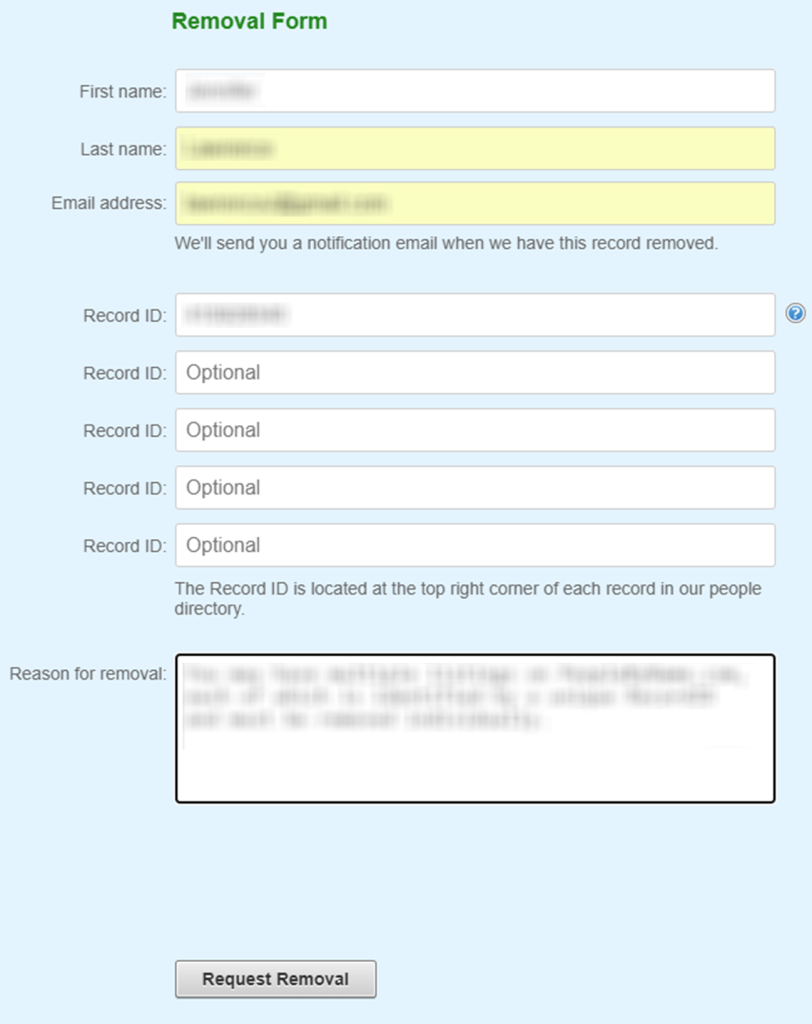 How to opt out of PeopleByName — Submit your identifiers — Step 2