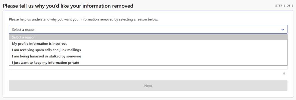 How to opt out of PeopleSearch — Choose the removal request reason — Step 1