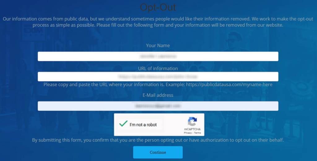 How to opt out of Public Data USA — Submit your identifiers (email/phone + CAPTCHA)