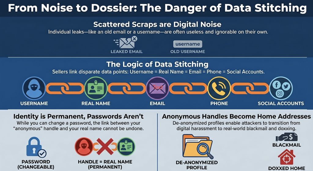 Infographic titled “From Noise to Dossier: The Danger of Data Stitching” showing how leaked emails, usernames, real names, phone numbers and social accounts can be linked into a de-anonymized profile that may lead to blackmail or doxxing.