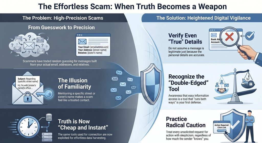 Infographic titled “The Effortless Scam: When Truth Becomes a Weapon” showing how scammers use accurate personal details to create convincing phishing messages, while recommending digital vigilance, verification of “true” details, and caution with unsolicited requests.
