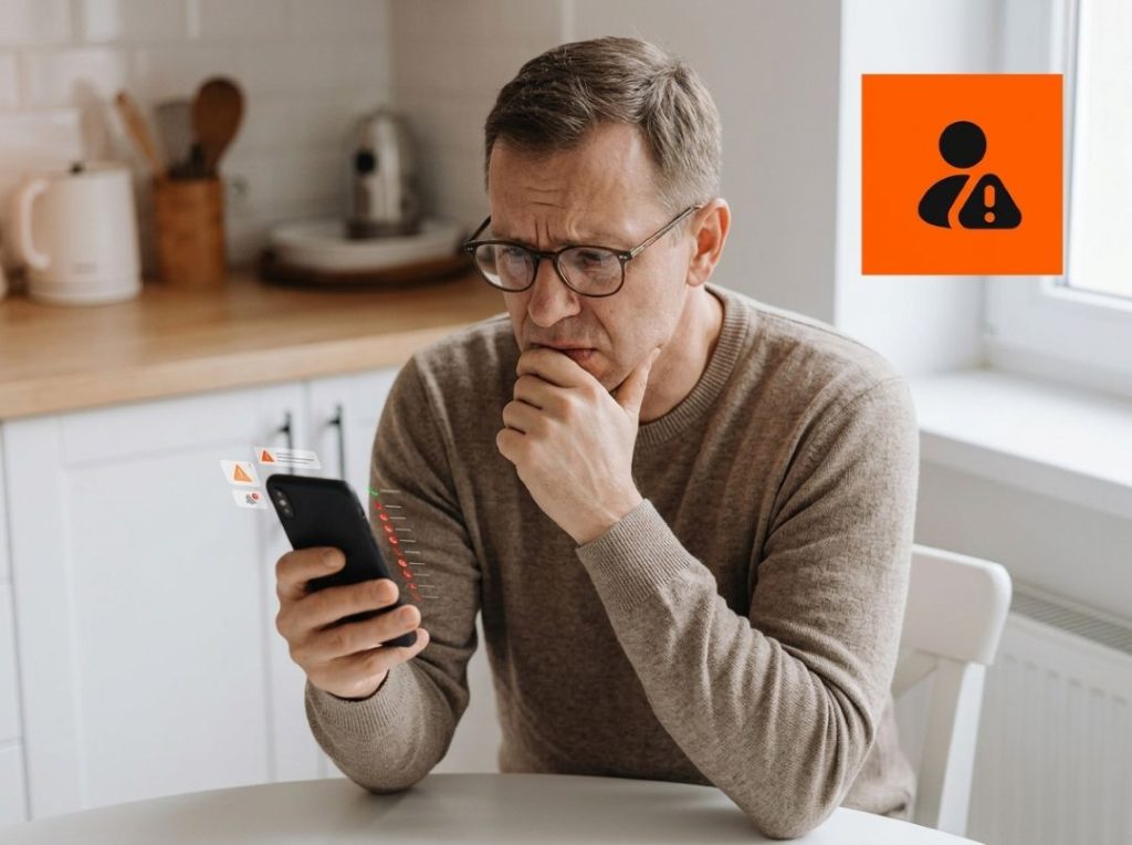 Man looking worried at his phone after a possible personal data or phone number leak alert.