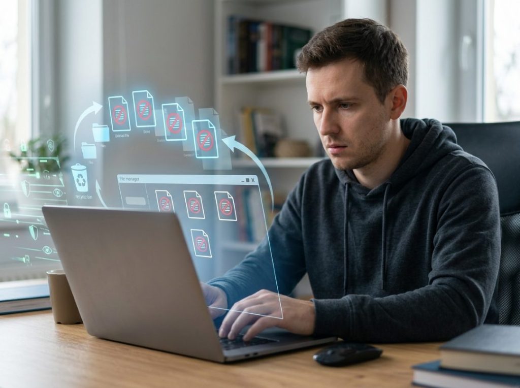A man sits at a desk using a laptop, looking concerned as translucent digital graphics illustrate deleted files and data reappearing or circulating around the computer.