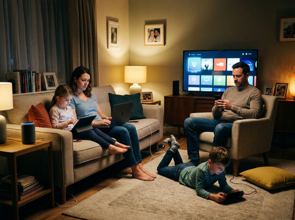 A family relaxes in a warmly lit living room while using multiple digital devices. A mother and daughter sit on a sofa with a laptop and tablet, a father looks at his smartphone from an armchair, and a boy lies on the floor playing on a handheld device. A smart TV and voice assistant are visible in the room.