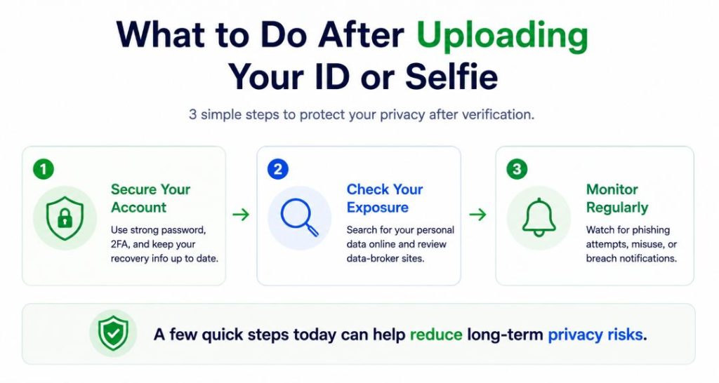 Infographic titled “What to Do After Uploading Your ID or Selfie.” It recommends three privacy steps after age verification: secure the account with a strong password and two-factor authentication, check personal-data exposure online and on data-broker sites, and monitor for phishing, misuse, or breach notifications.
