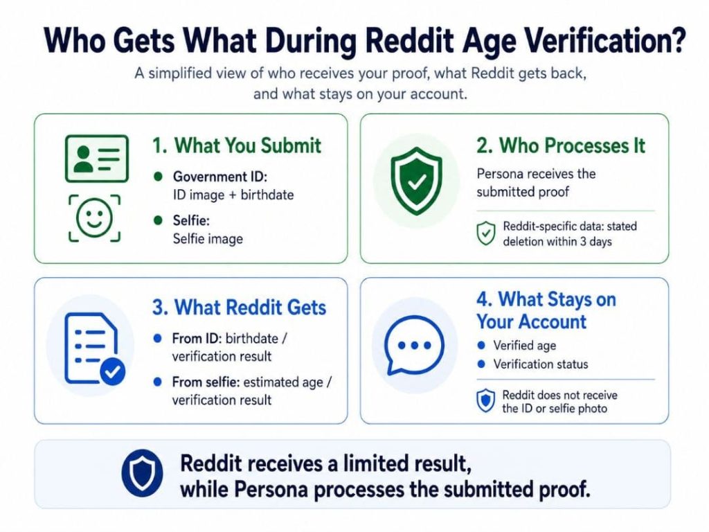 Infographic titled “Who Gets What During Reddit Age Verification?” It explains that users may submit a government ID with birthdate or a selfie, which Persona processes. Reddit receives limited information such as a birthdate, estimated age, or verification result rather than the submitted ID or selfie photo. Verified age and verification status may remain on the Reddit account.