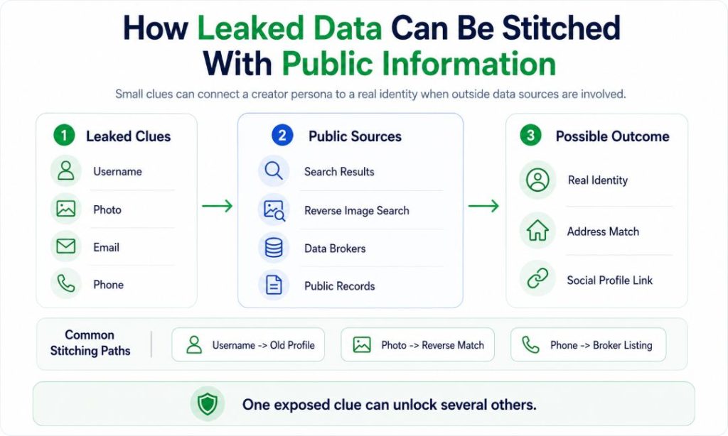 Infographic titled “How Leaked Data Can Be Stitched With Public Information,” showing how clues such as a username, photo, email, or phone number can be combined with search results, reverse-image searches, data brokers, and public records to potentially reveal a creator’s real identity or social profiles.