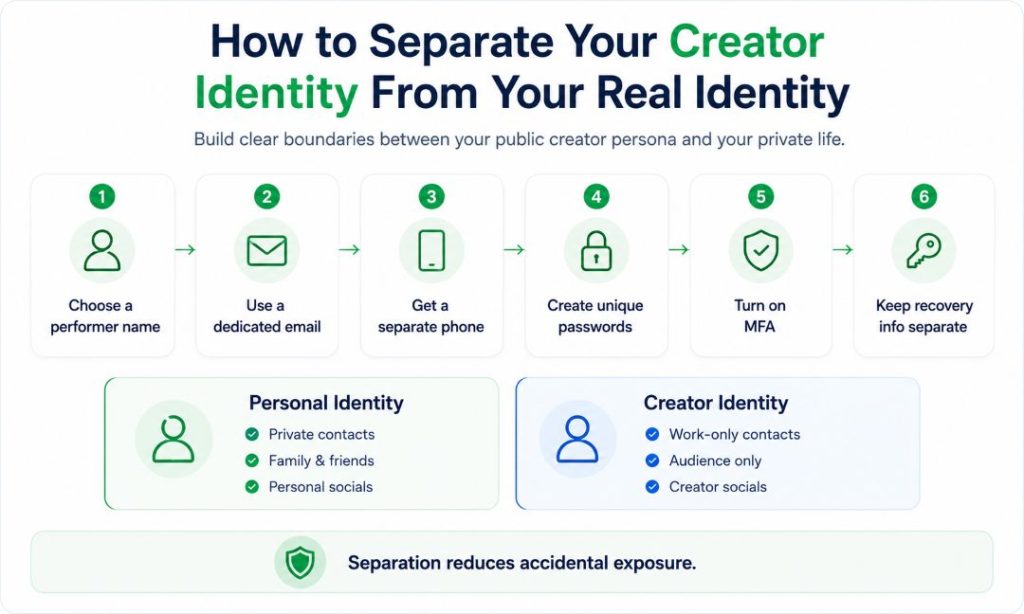 Infographic titled “How to Separate Your Creator Identity From Your Real Identity,” recommending a performer name, dedicated email, separate phone, unique passwords, MFA, and separate recovery information to keep personal and creator identities distinct.