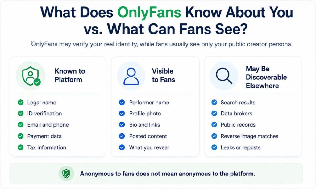 Infographic titled “What Does OnlyFans Know About You vs. What Can Fans See?” comparing information known to the platform, information visible to fans, and information that may be found elsewhere through searches, data brokers, public records, reverse-image matches, leaks, or reposts.