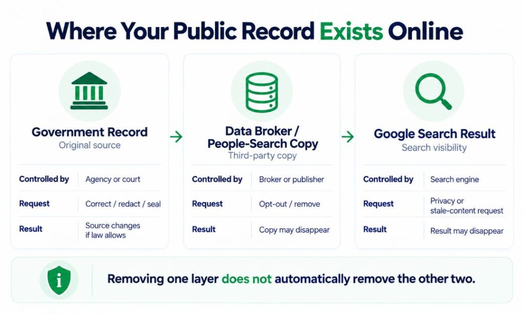 Three-part infographic showing the layers of online public-record information: the original government record, a data broker or people-search copy, and a Google search result. Each is controlled by a different entity and requires a different removal or correction request. It stresses that removing information from one layer does not automatically remove it from the other two.
