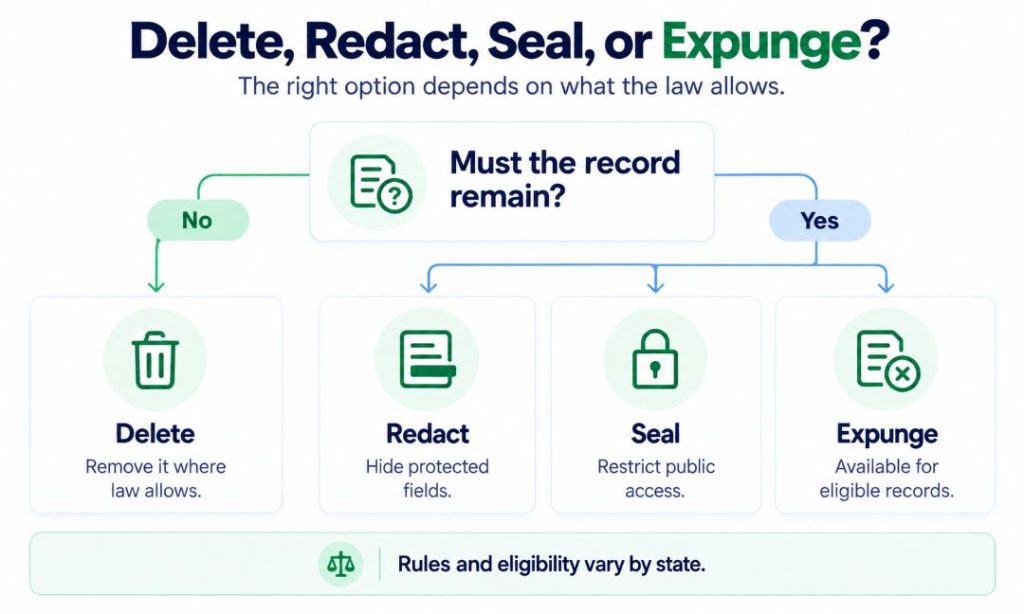 Decision-style infographic explaining options for changing public records. If a record does not have to remain, deletion may be possible. If it must remain, options may include redacting protected fields, sealing it from public access, or expunging eligible records. A note states that rules and eligibility vary by state.