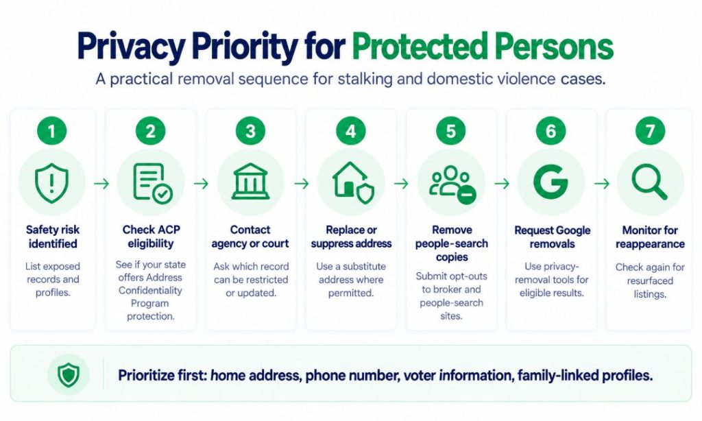 Seven-step infographic for stalking and domestic-violence-related privacy protection: identify exposed records, check eligibility for an Address Confidentiality Program, contact the relevant agency or court, replace or suppress an address where allowed, remove people-search copies, request eligible Google removals, and monitor for reappearance. It highlights home addresses, phone numbers, voter information, and family-linked profiles as priorities.