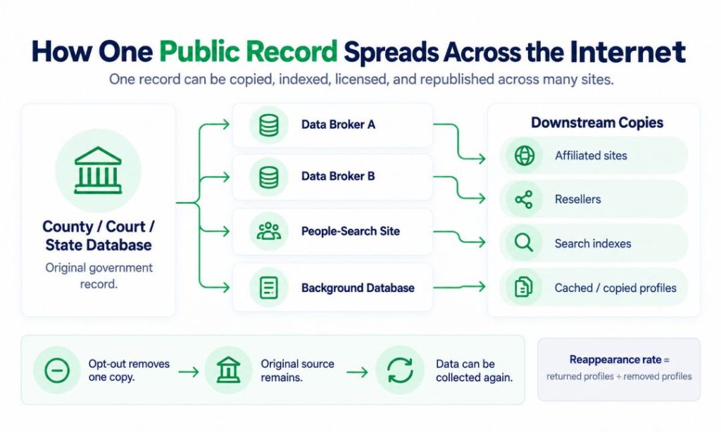 Diagram showing how an original county, court, or state government record can be copied by data brokers, people-search sites, and background databases, then spread further to affiliated sites, resellers, search indexes, and cached or copied profiles. It notes that opting out removes only one copy while the original source remains, so the information can be collected again.
