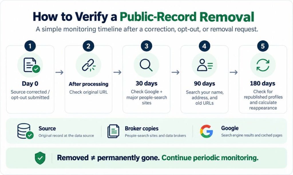 Infographic showing a five-step monitoring timeline after correcting, opting out of, or removing a public record: confirm the source change on day 0, check the original URL after processing, search Google and major people-search sites after 30 days, search personal details and old URLs after 90 days, and check for republished profiles after 180 days. It emphasizes that removal does not guarantee permanent disappearance and recommends periodic monitoring.
