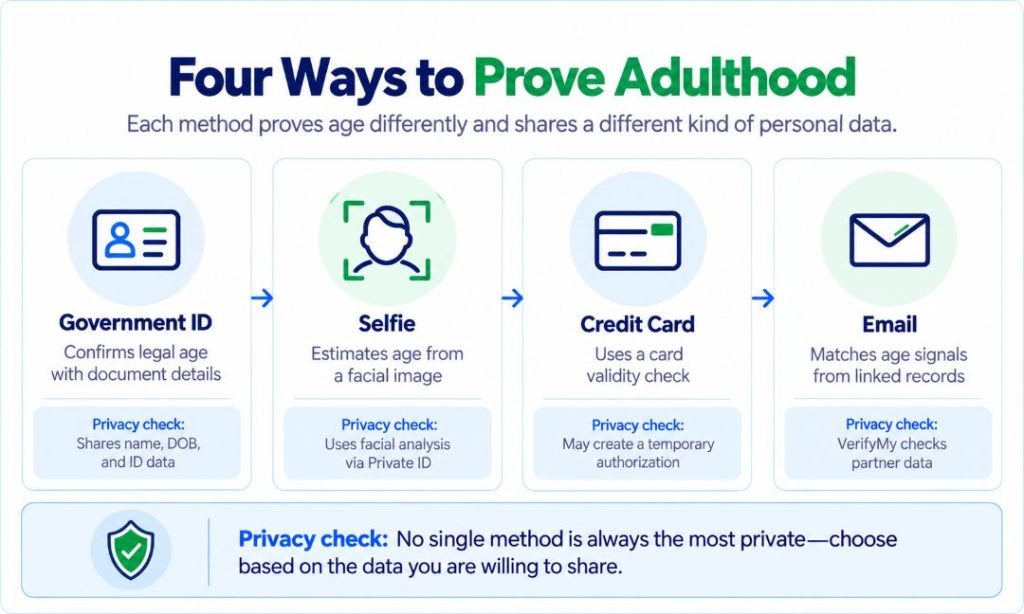 Infographic comparing four YouTube age verification methods: government ID, selfie, credit card, and email, highlighting how each method confirms or estimates age and its privacy implications, including identity details, facial analysis, payment authorization, and partner data checks.
