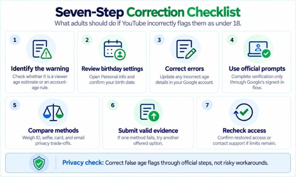 Seven-step infographic explaining how adults can correct an incorrect YouTube under-18 classification, from identifying the warning and checking birthday settings to updating account information, completing official verification, submitting evidence, and restoring access.