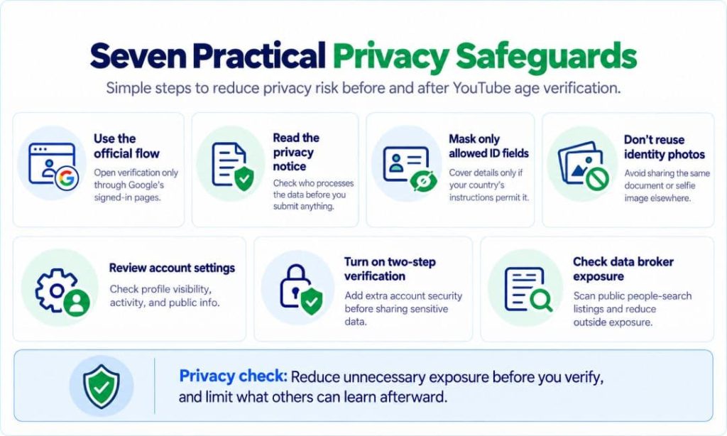 Infographic showing seven privacy safeguards for YouTube age verification, including using official verification pages, reading privacy notices, masking permitted ID details, avoiding photo reuse, reviewing account settings, enabling two-step verification, and checking data broker exposure.